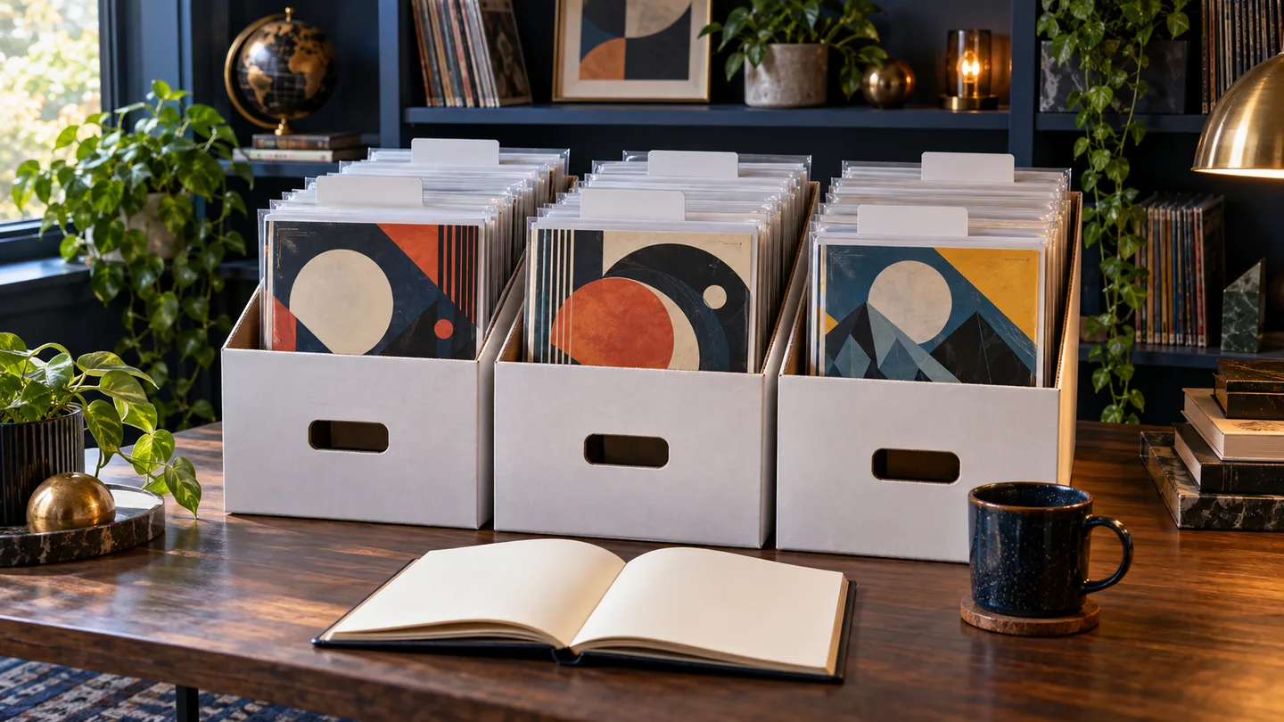 Original conceptual illustration of three organized comic storage boxes and a blank inventory notebook.