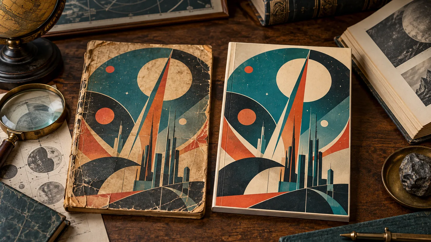 Conceptual illustration of two fictional comic editions with similar covers and different paper appearance.