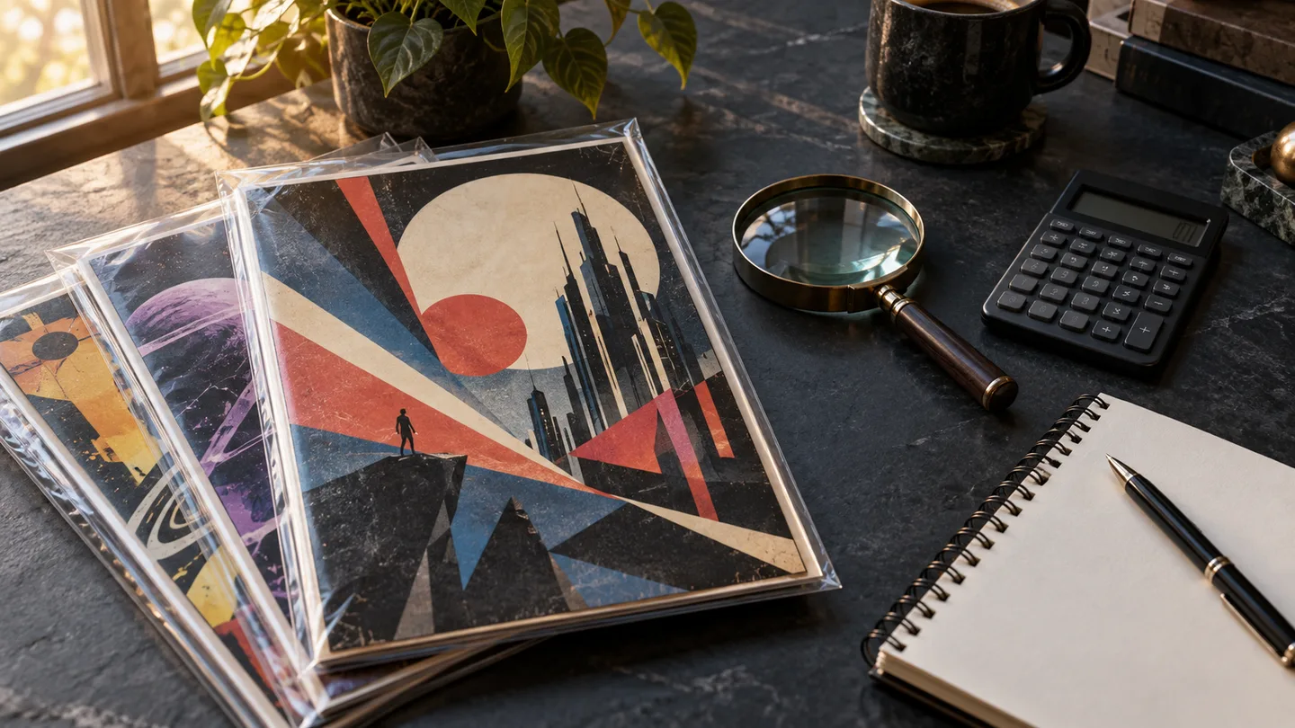 Illustrative collector desk with bagged comics, a calculator, notebook and magnifying glass.